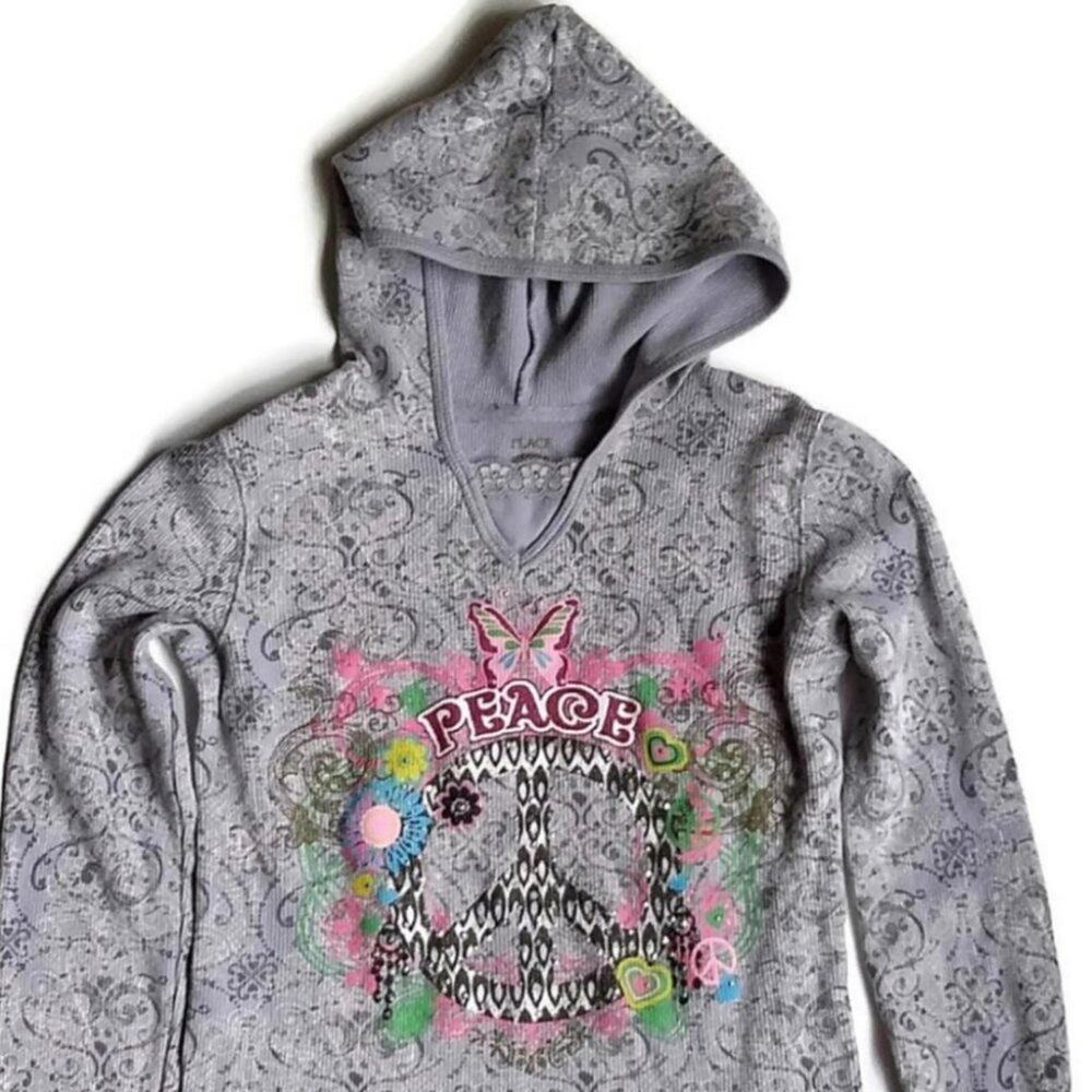 PLACE PREMIUM 89 Girls M (7/8) Gray Graphic Hooded Pullover Sweater Peace‎ Sign